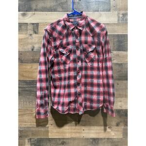 American Eagle Men’s Red Casual Pearl Snap Flannel Plaid Shirt – Small